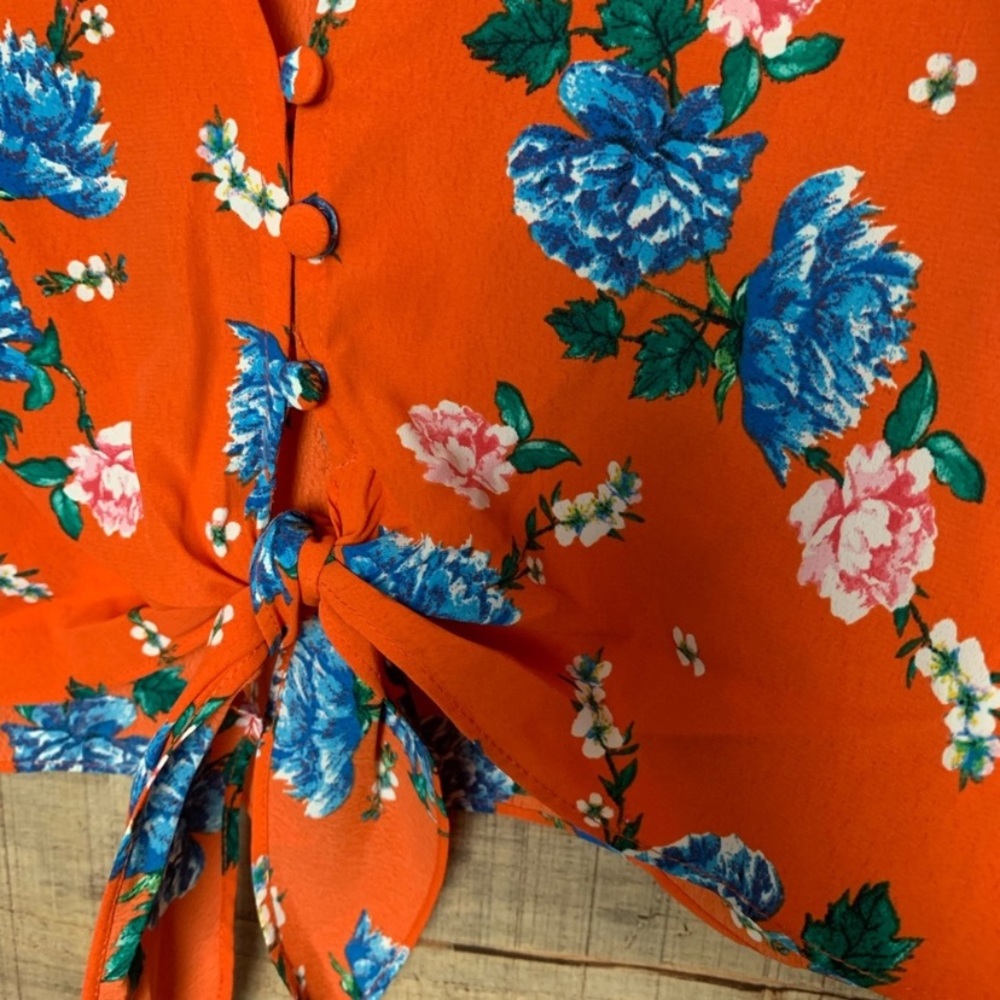 Nwt Topshop Orange Floral Tie Front Crop Top - Picture 5 of 7